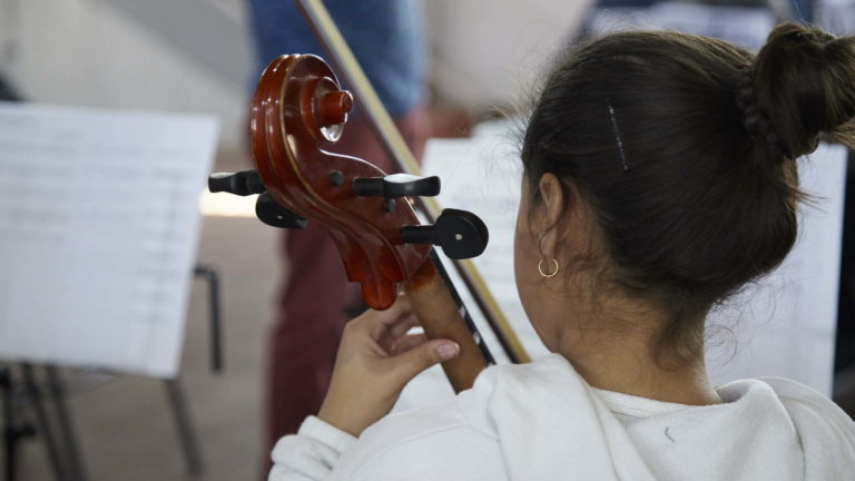 back view of violin student